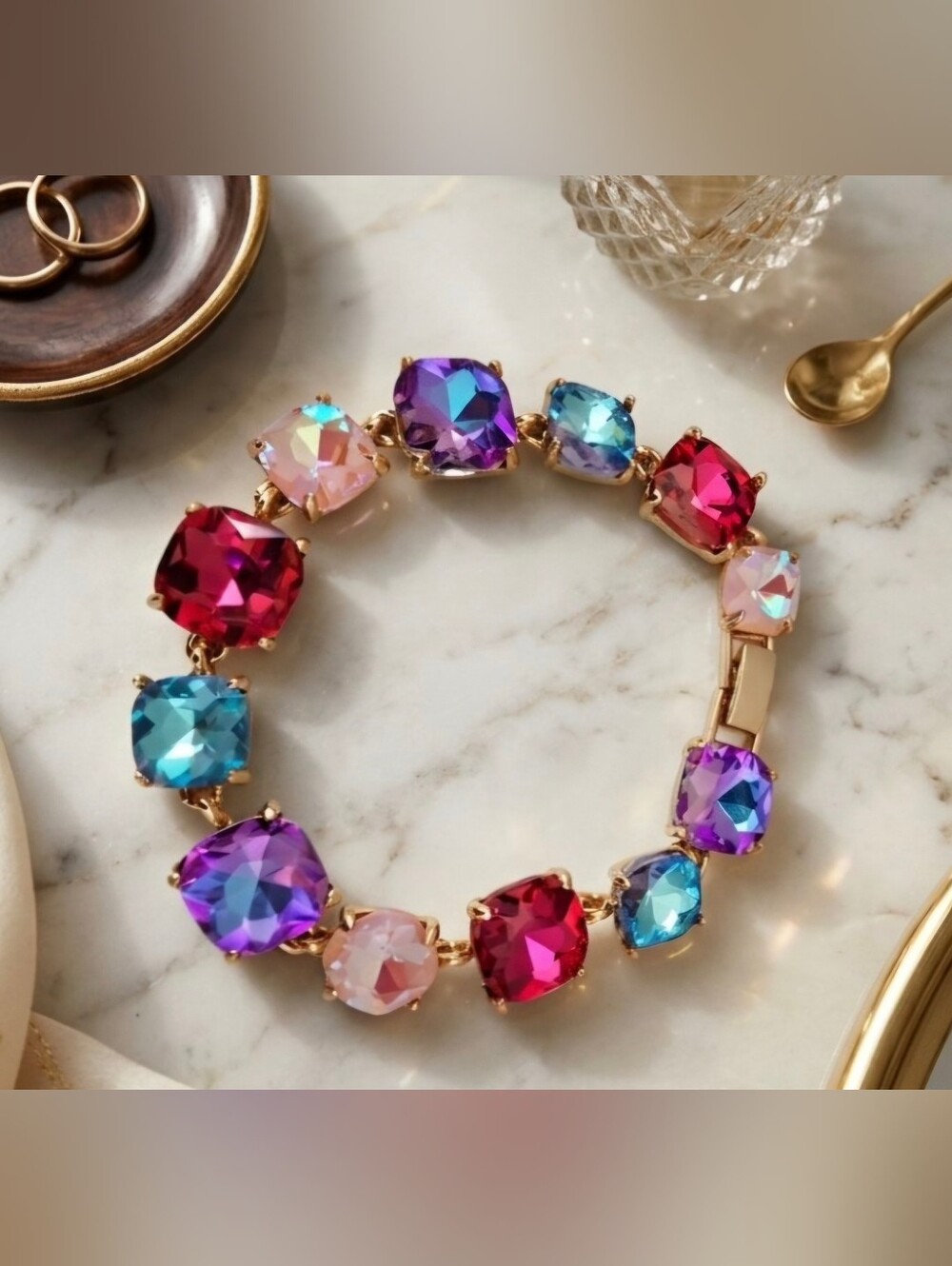 Gold-Tone Multi Crystal Bracelet — Vibrant Pink, Purple & Blue Stones